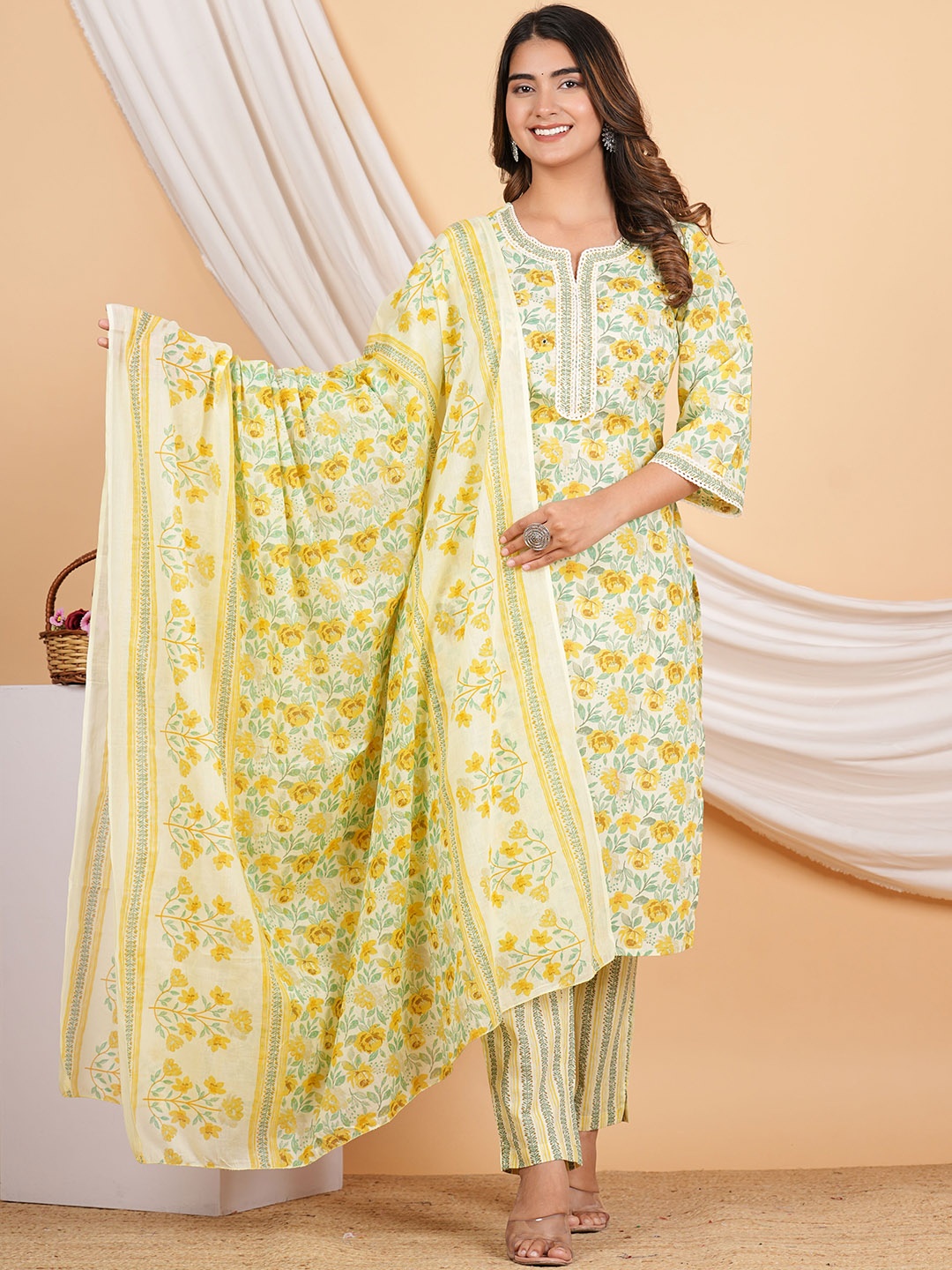 

ZOYOTO Floral Printed Mirror Work Pure Cotton Straight Kurta With Trousers & Dupatta, Yellow