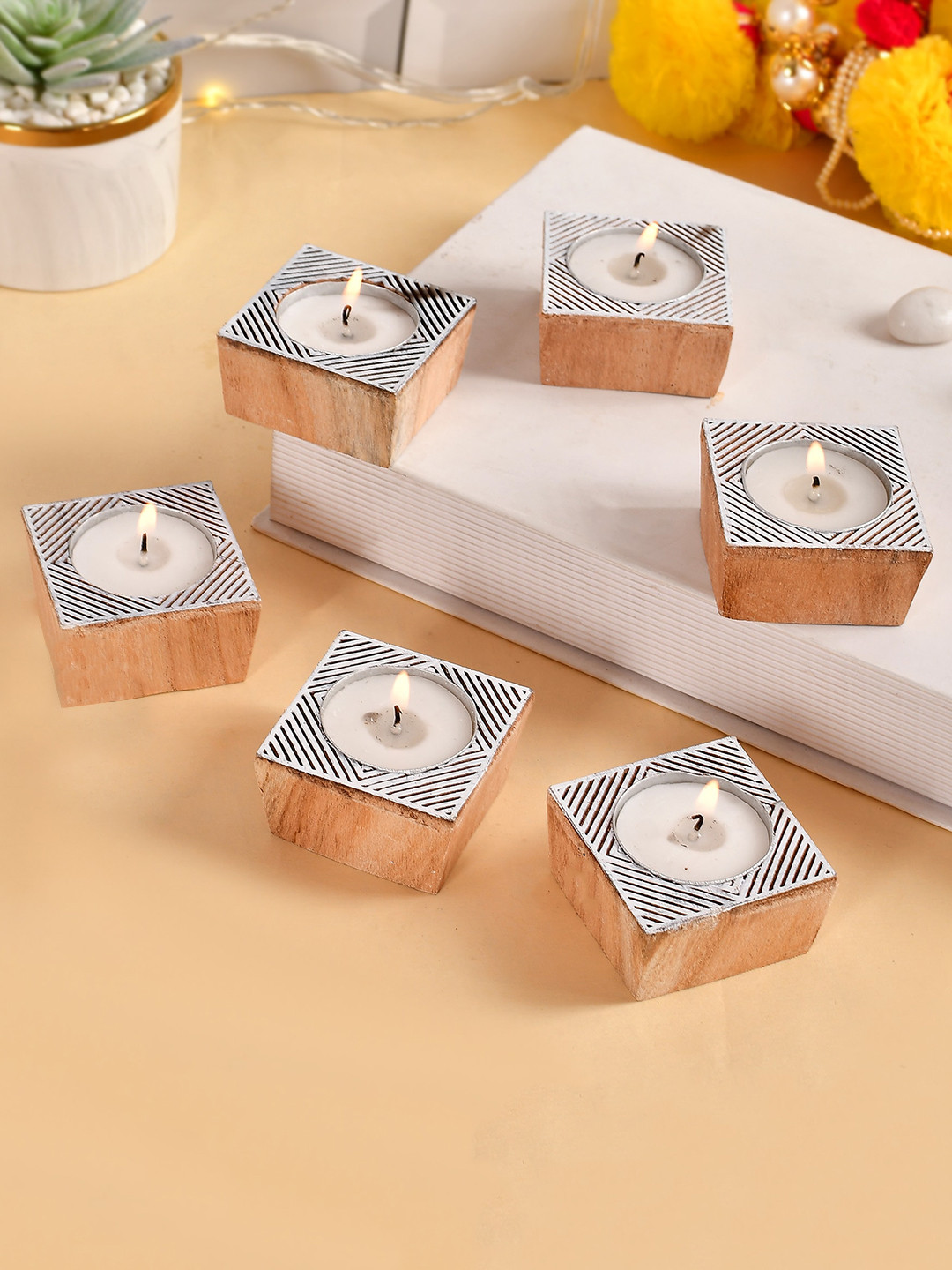 

COOPTIC Grey & Beige 6 Pcs Tea Light Candle Holder Stand Square Shape Block Diya