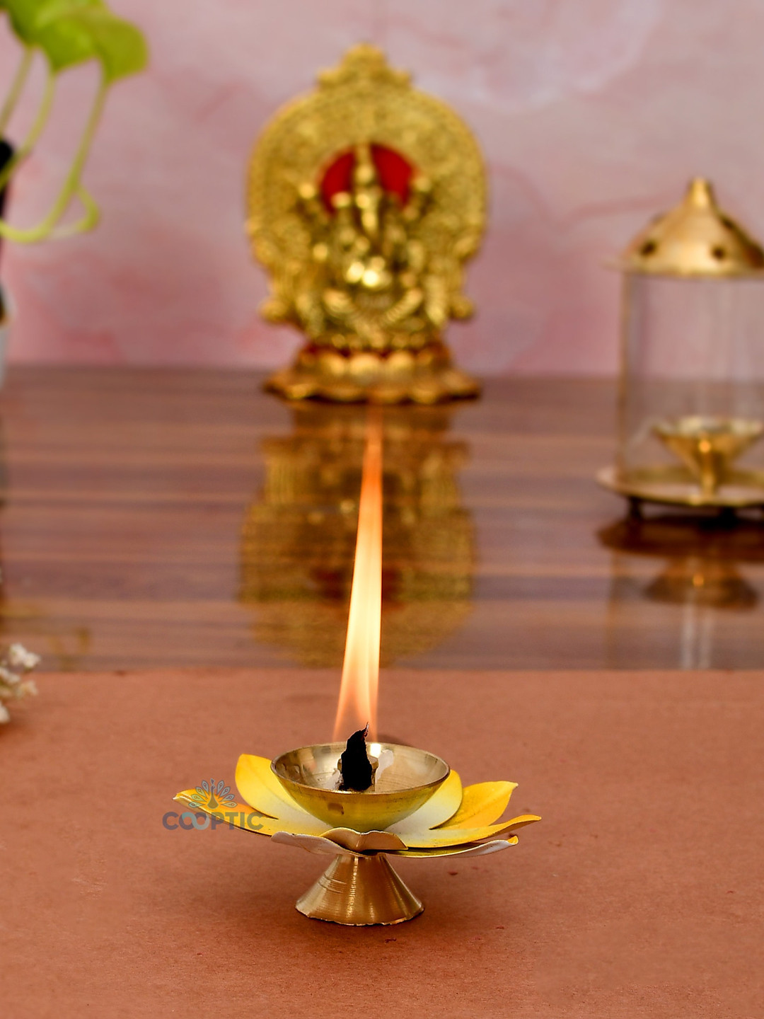 

COOPTIC Gold Toned Lotus Flower Metal Diya