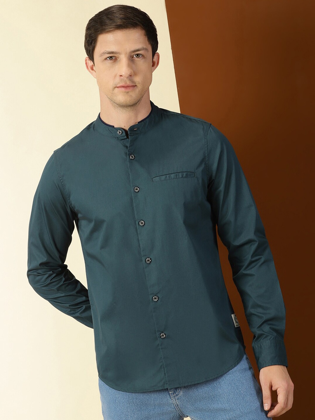 

Thomas Scott Classic Slim Fit Mandarin Collar Cotton Casual Shirt, Green