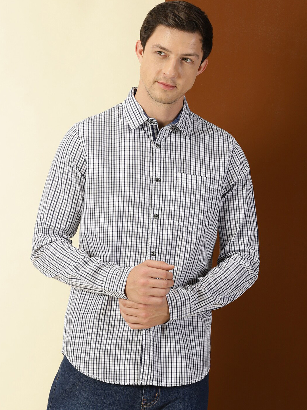 

Thomas Scott Classic Slim Fit Grid Tattersall Checks Pure Cotton Casual Shirt, Navy blue