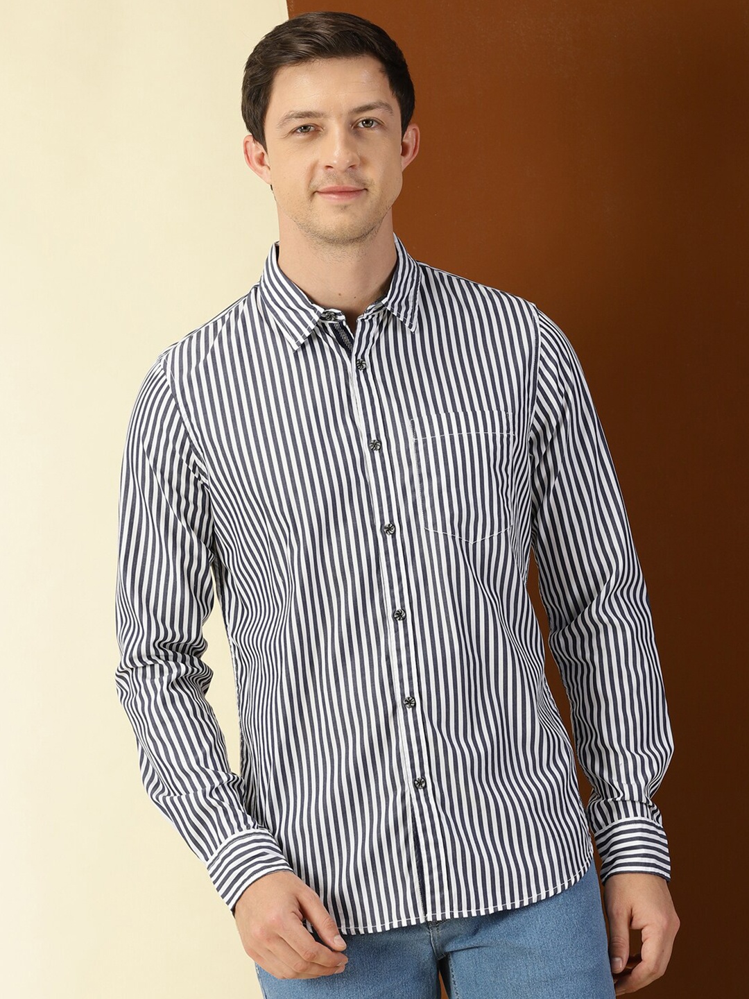 

Thomas Scott Classic Slim Fit Vertical Stripes Pure Cotton Casual Shirt, Navy blue