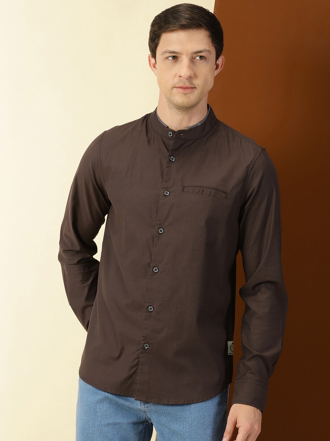 

Thomas Scott Band Collar Classic Slim Fit Cotton Casual Shirt, Brown