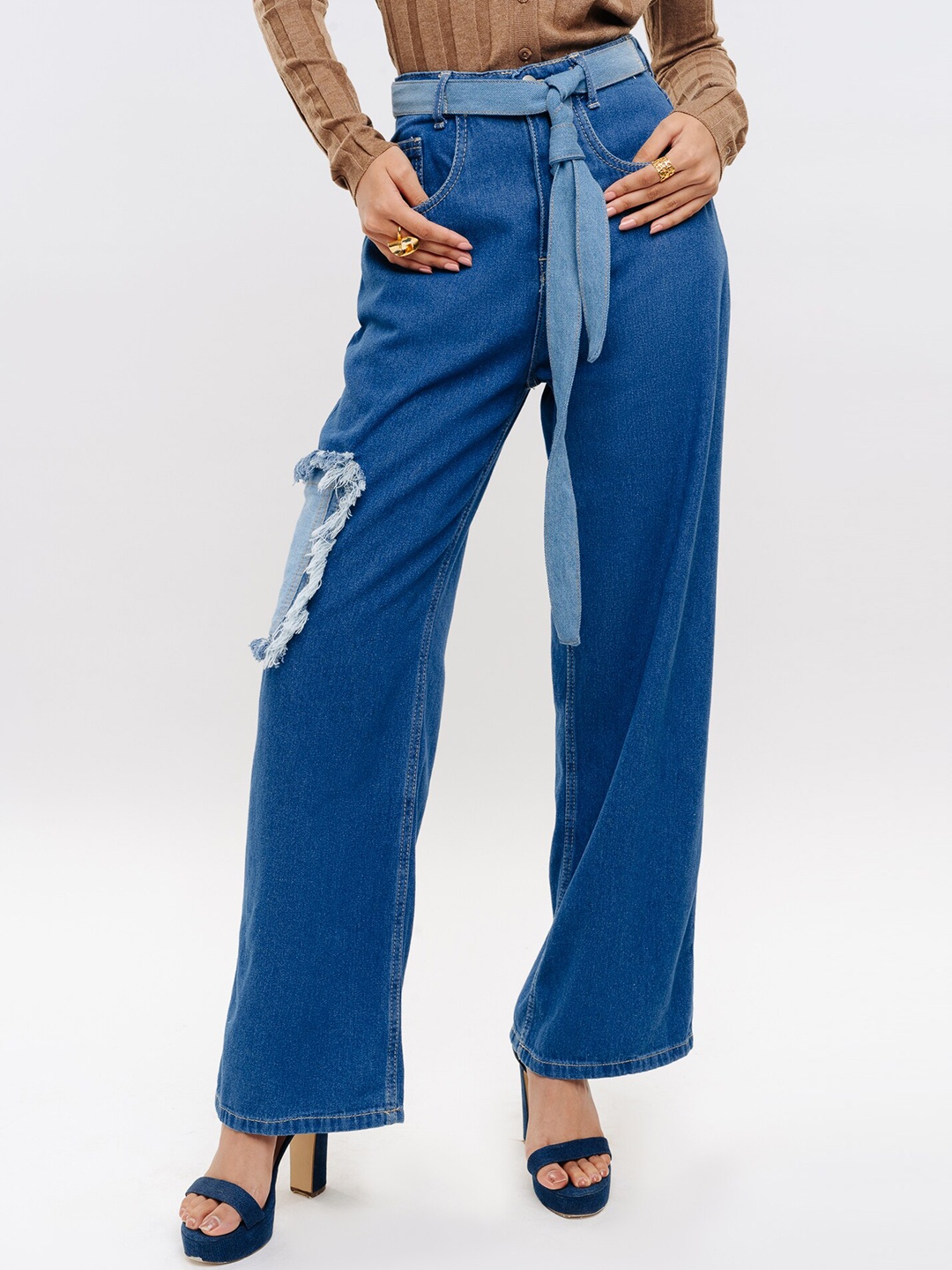 

FREAKINS Women Highly Distressed Straight Fit High-Rise Pure Cotton Jeans, Blue