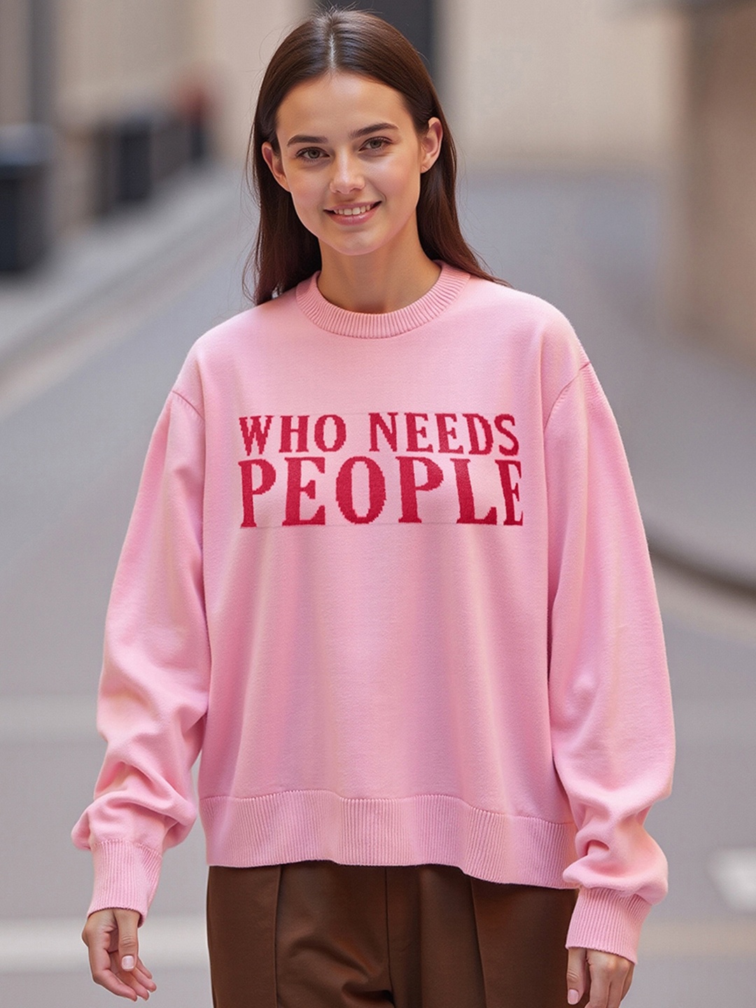 

Bewakoof Pink Typography Printed Pullover Acrylic Sweater