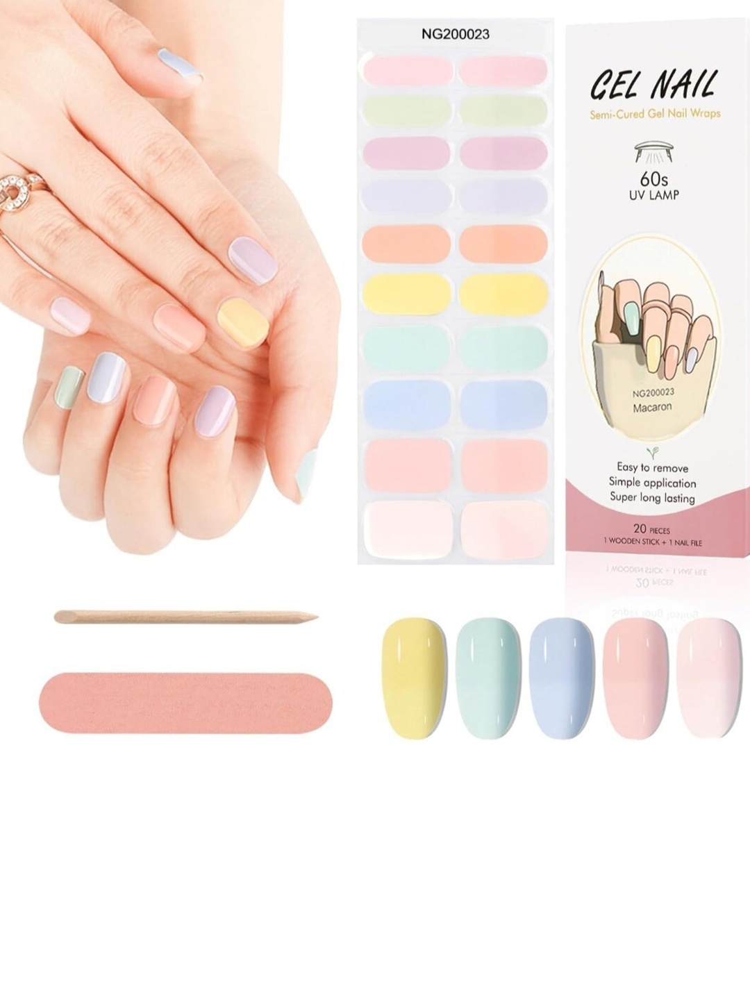 

FEELHIGH 20Pcs Semi Cured Gel Nail Polish Strips - Yellow-Blue-Pink 23