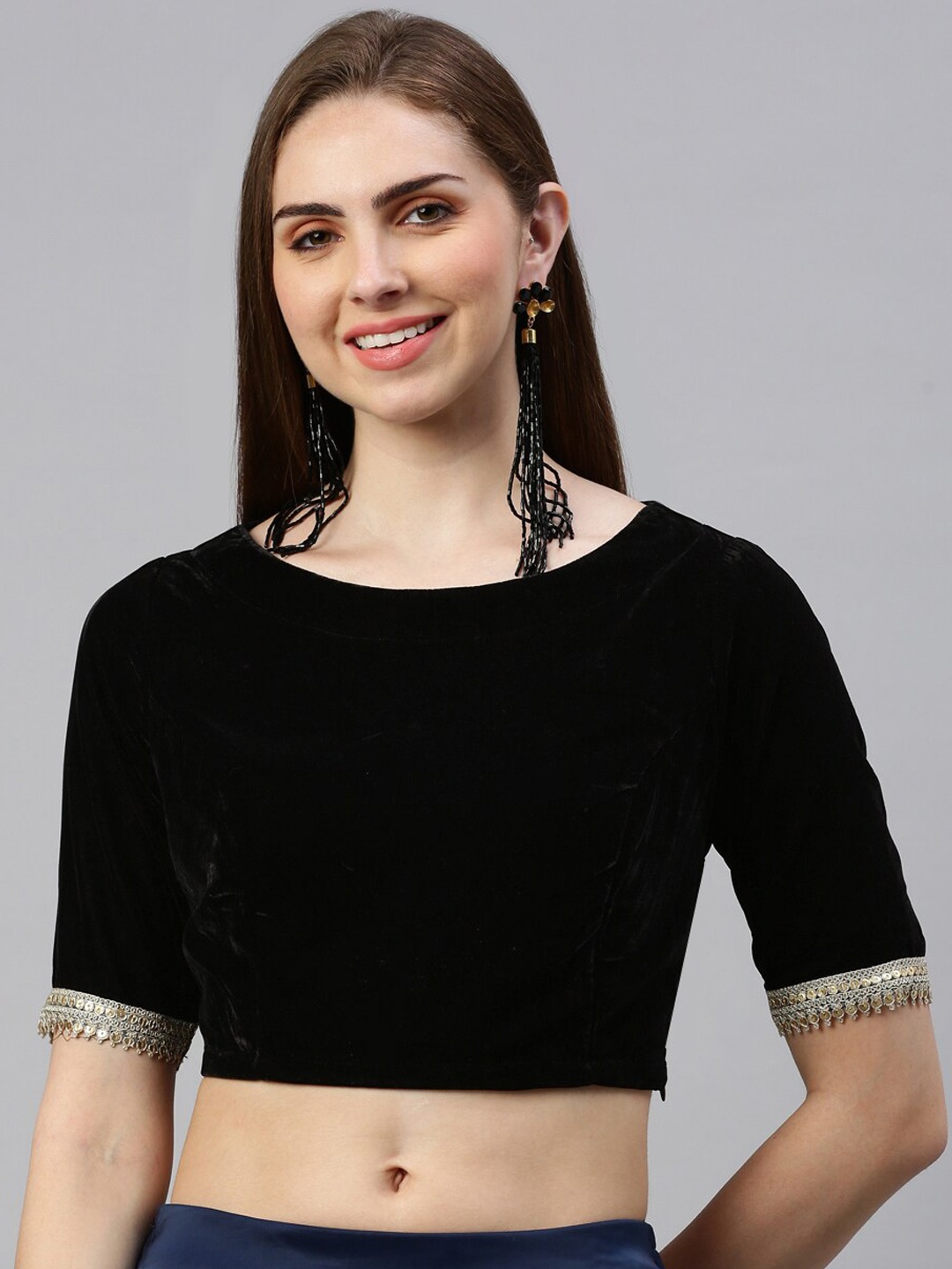

De Moza Round Neck Short Sleeves Saree Blouse, Black