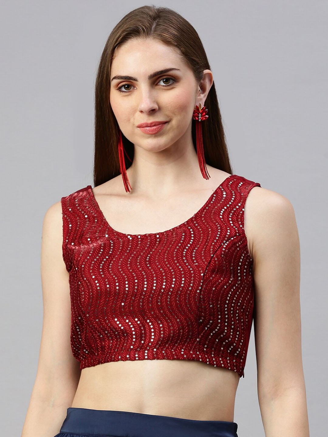 

De Moza Embroidered U-Neck Sleeveless Saree Blouse, Red
