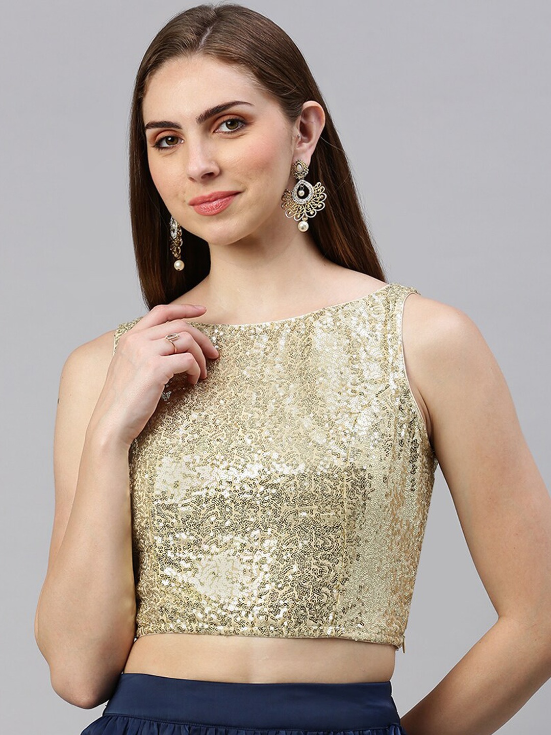 

De Moza Embellished Boat Neck Saree Blouse, Gold