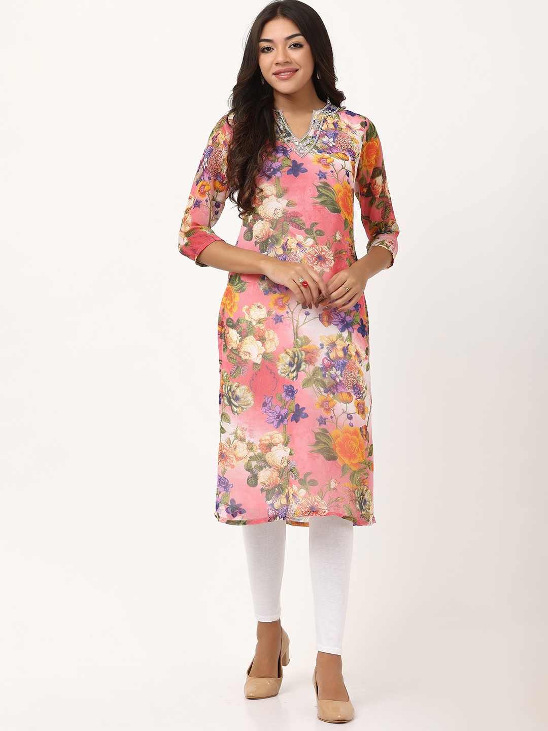 

TSM Floral Printed Georgette Kurta, Pink