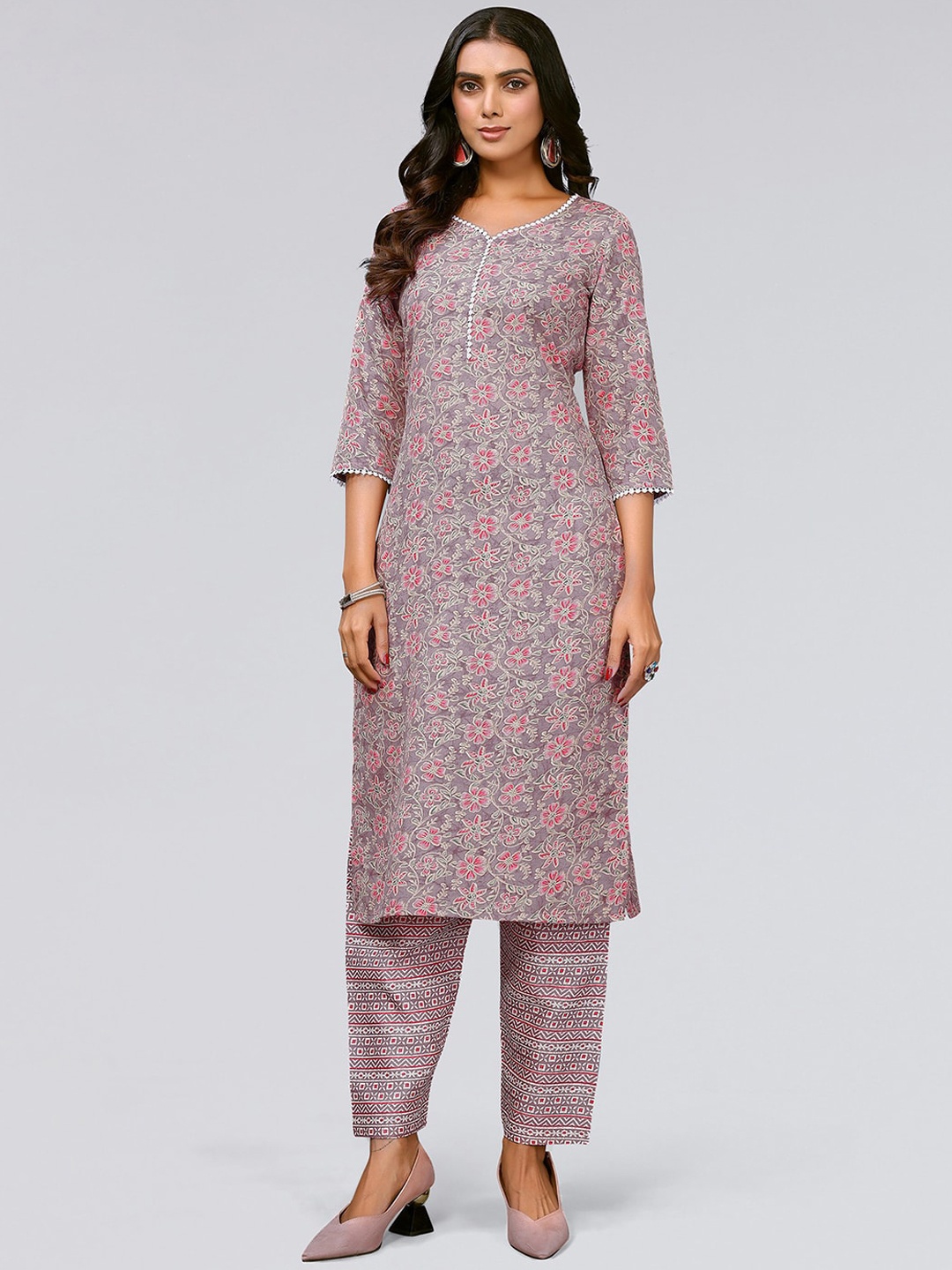 

KALINI Floral Printed Straight Kurta With Trousers, Pink