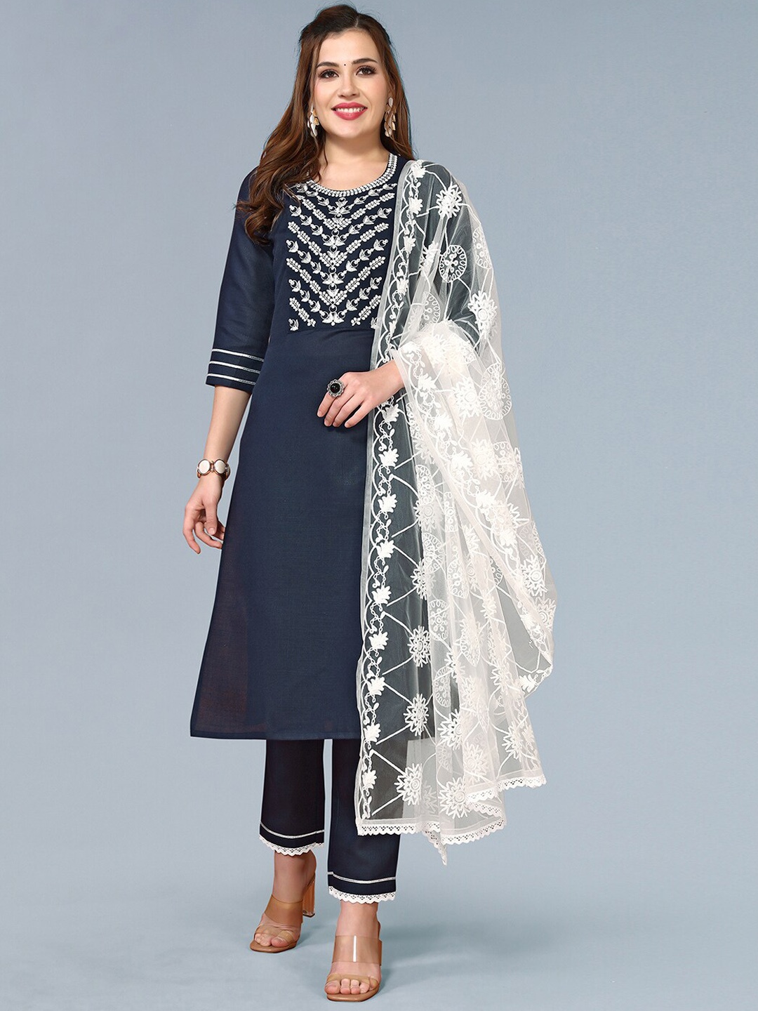 

KALINI Embroidered Yoke Design Straight Kurta With Trousers & Dupatta, Navy blue