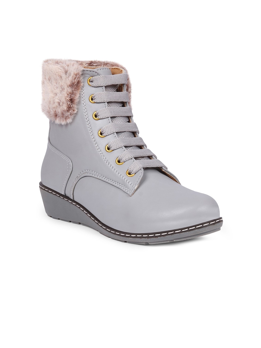 

The Roadster Lifestyle Co. Women Heeled Faux Fur Trim Mid-Top Chunky Boots, Grey