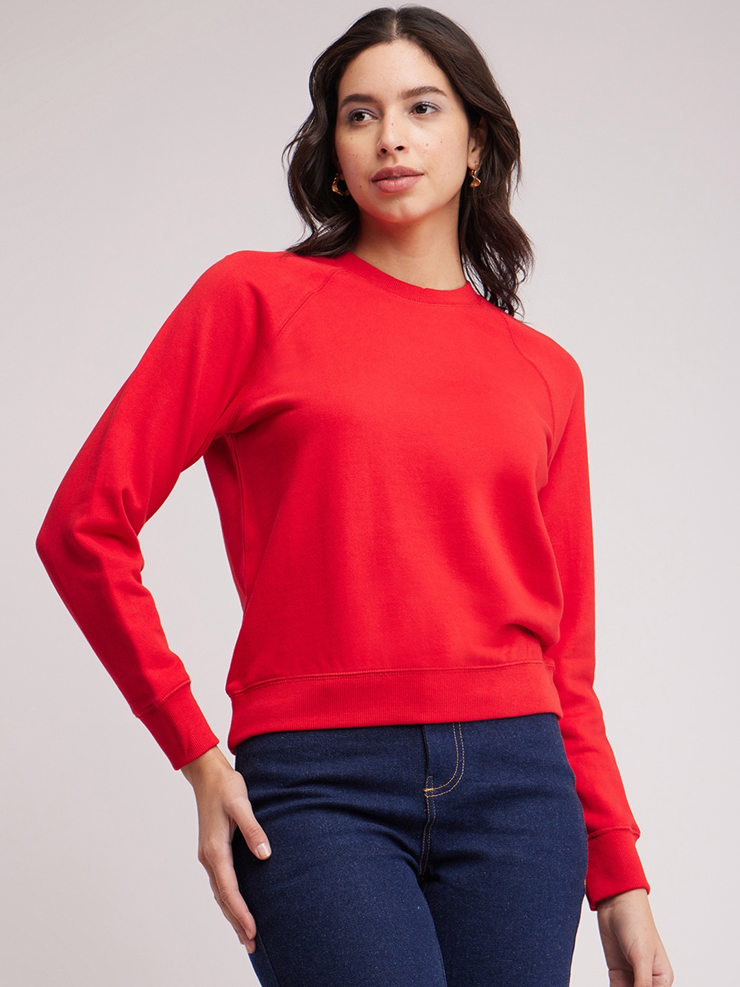 

FableStreet Round Neck Long Sleeves Rapid-Dry Cotton Pullover Sweatshirt, Red