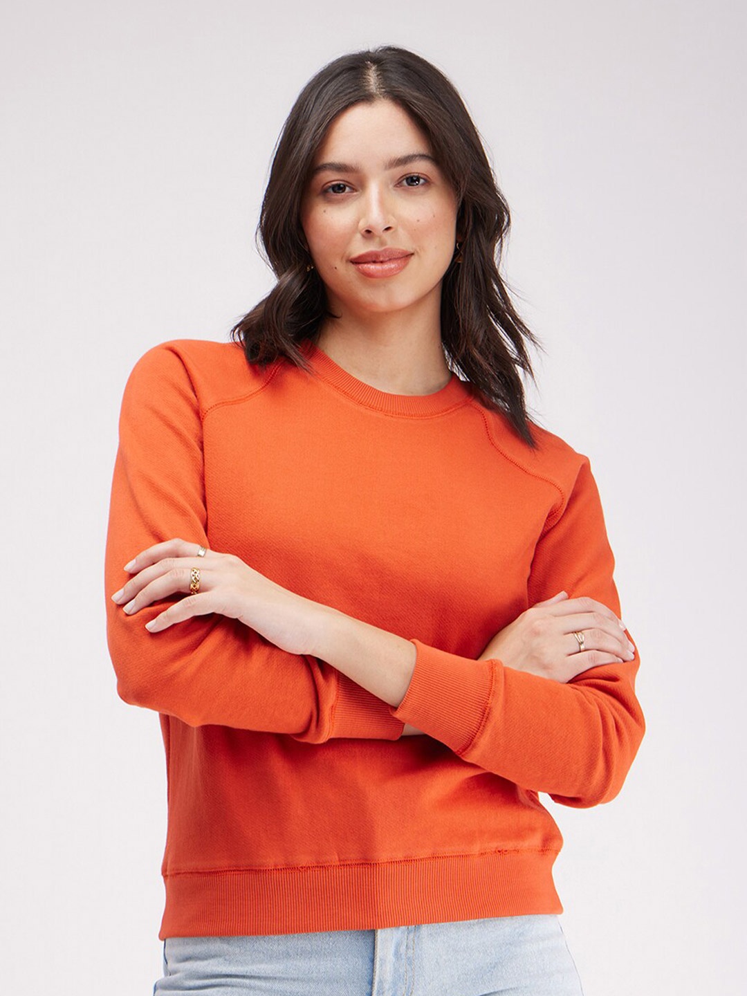 

FableStreet Round Neck Long Sleeves Rapid-Dry Cotton Pullover Sweatshirt, Orange