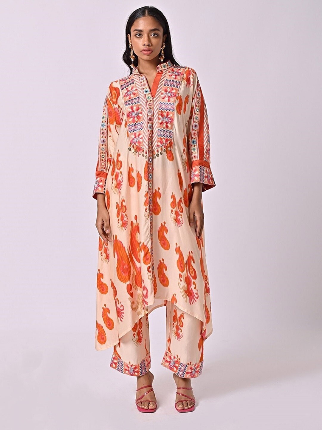

MISSY Printed Mandarin Collar Kimono Sleeve Satin Kaftan Kurta, Peach