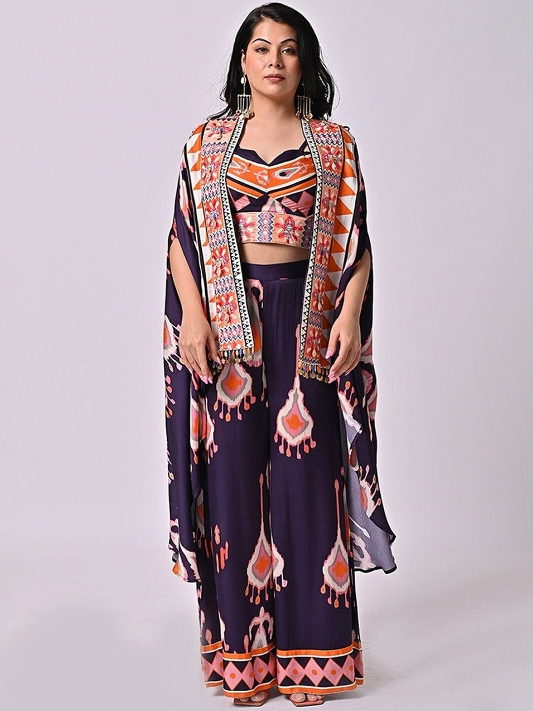 

MISSY Ethnic Printed Open Front Longline Shrug, Purple