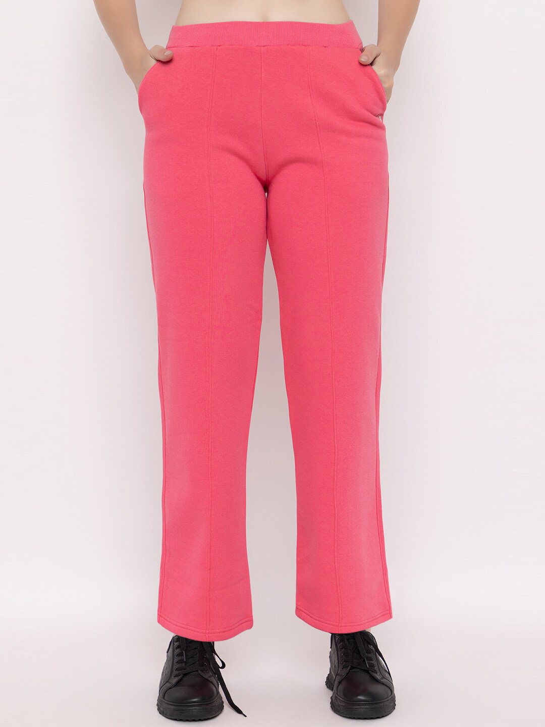 FEMEA Women Fleece Cotton Mid-Rise Track Pant, Pink