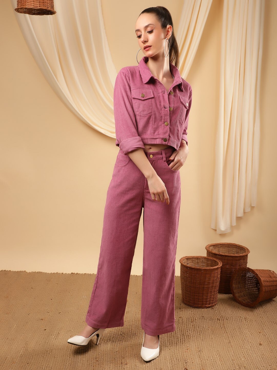 

Bani Women Winter Shirt Collar Jacket With Trousers, Pink