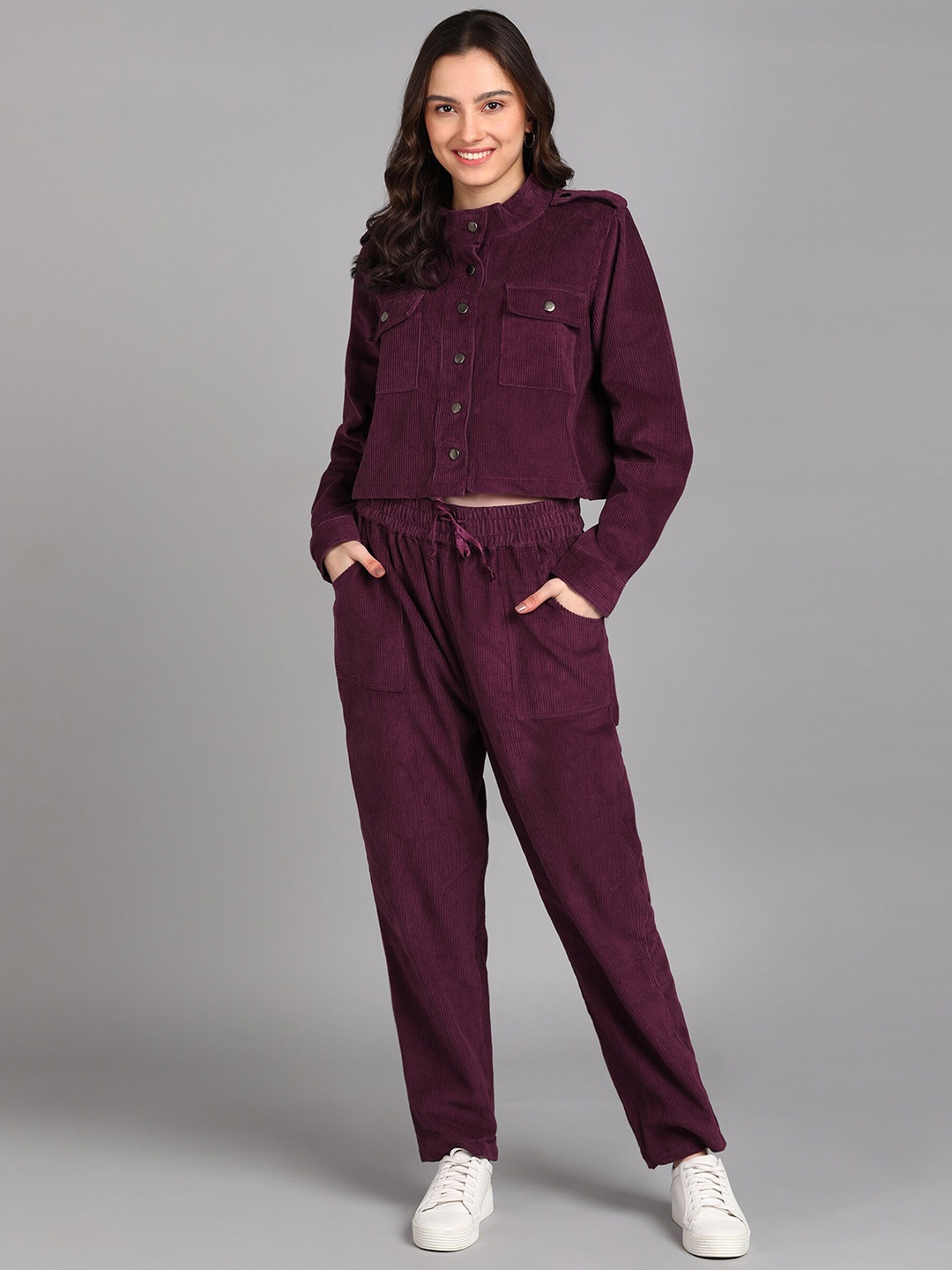 Bani Women Winter Band Collar Jacket With Trousers, Purple