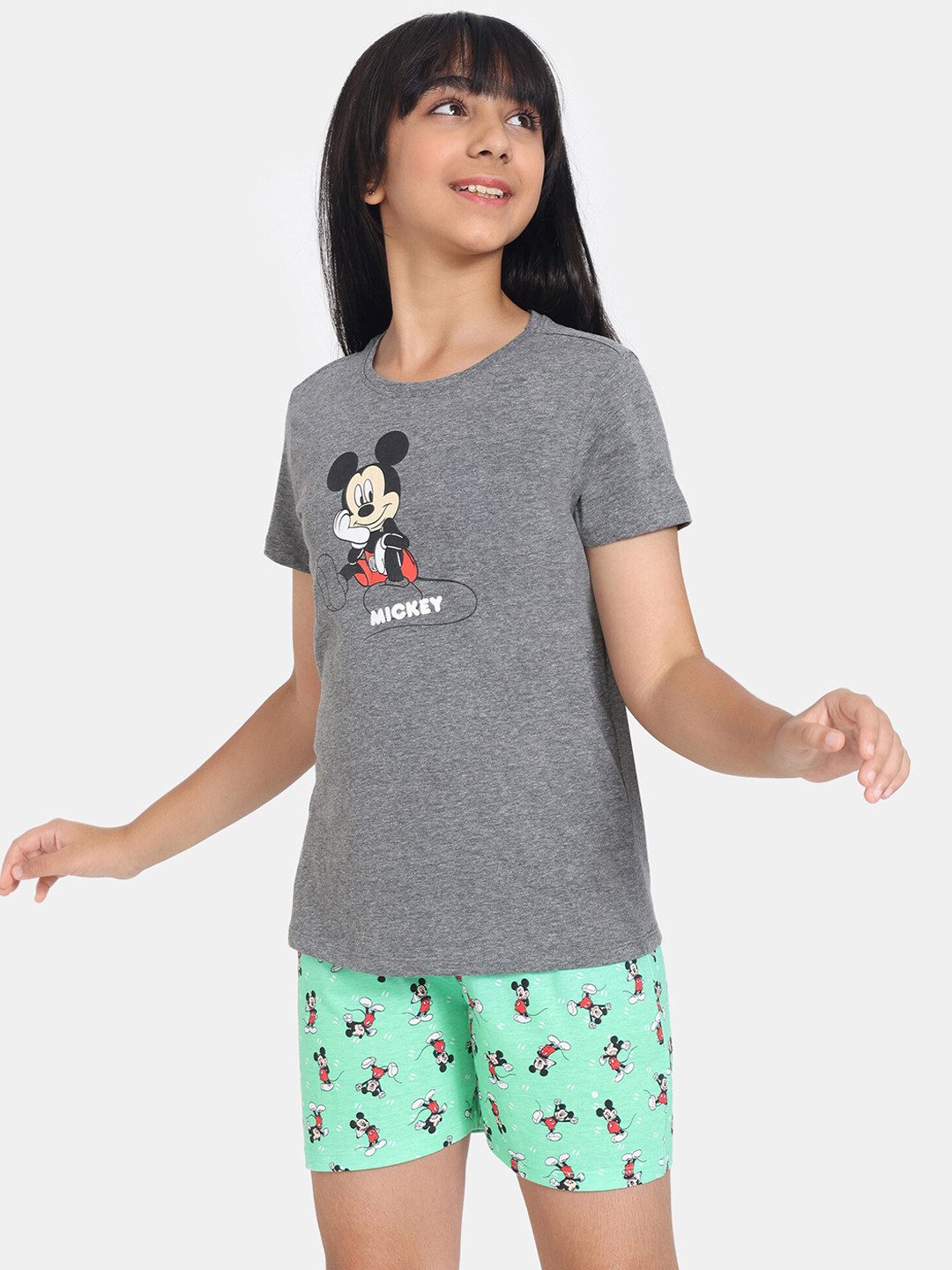 

Rosaline by Zivame Girls Mickey Mouse Printed Pure Cotton Night Suit, Grey