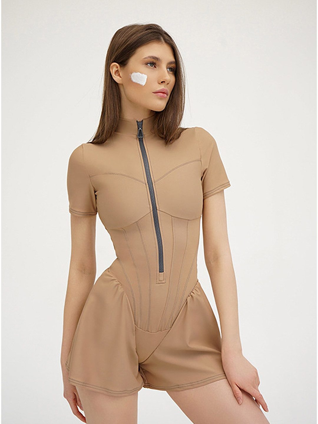 

LULU & SKY Mock Collar Gathered Playsuit, Beige