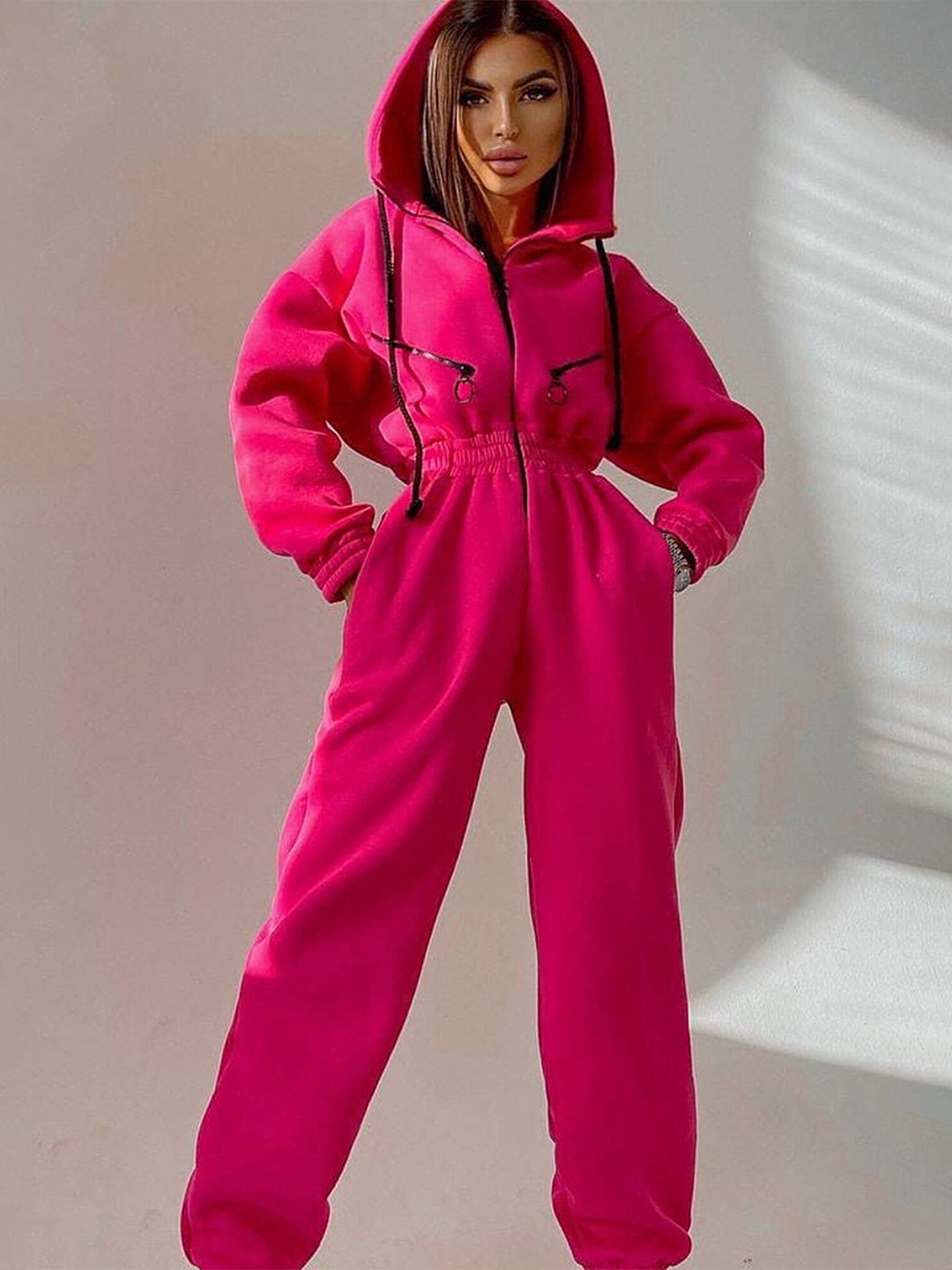 

LULU & SKY Hooded Long Sleeves Basic Jumpsuit, Pink