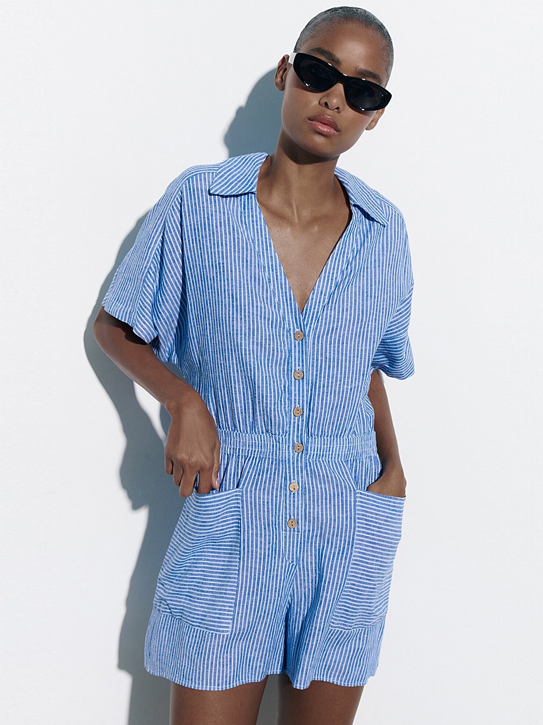 

LULU & SKY Striped Shirt Collar Playsuit, Blue