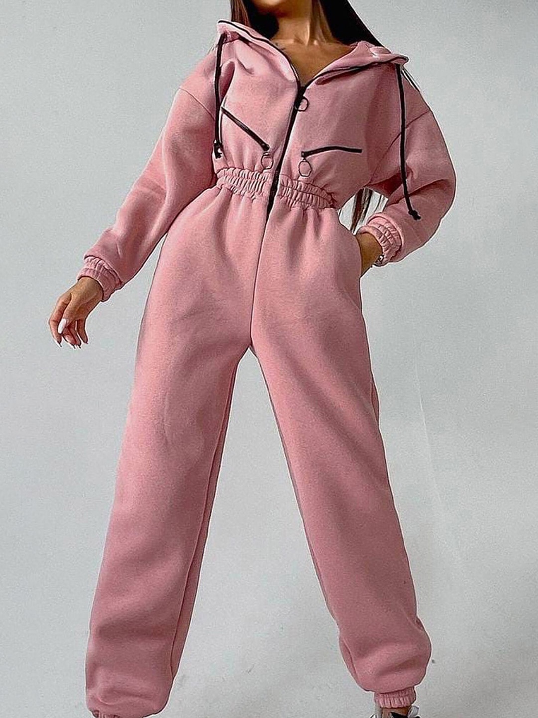 

LULU & SKY Knitted Zip-Down Hooded Jumpsuit, Pink