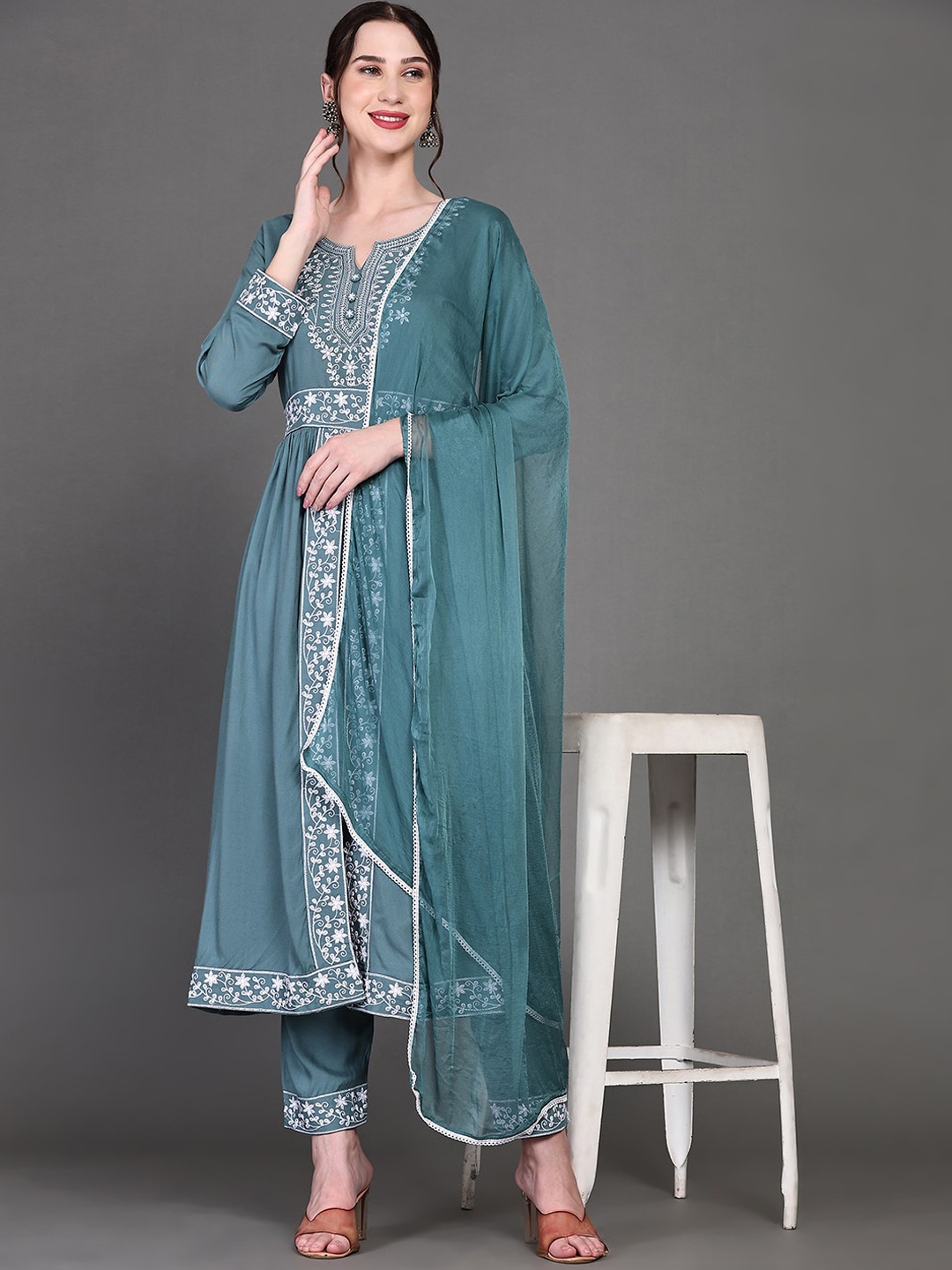 

KALINI Floral Embroidered A-Line Kurta With Trousers & Dupatta, Green