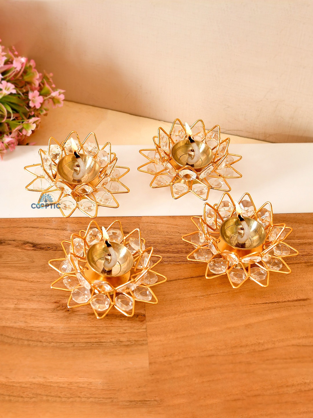 

COOPTIC Gold Toned 4 Pieces Crystal Engraved Nag Kamal Akhand Jyoti Diyas