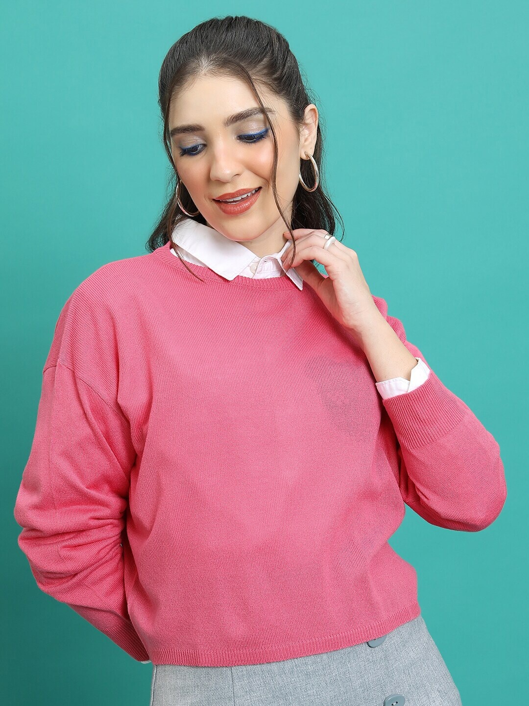 

Tokyo Talkies Pink Round Neck Long Sleeves Acrylic Pullover Sweater