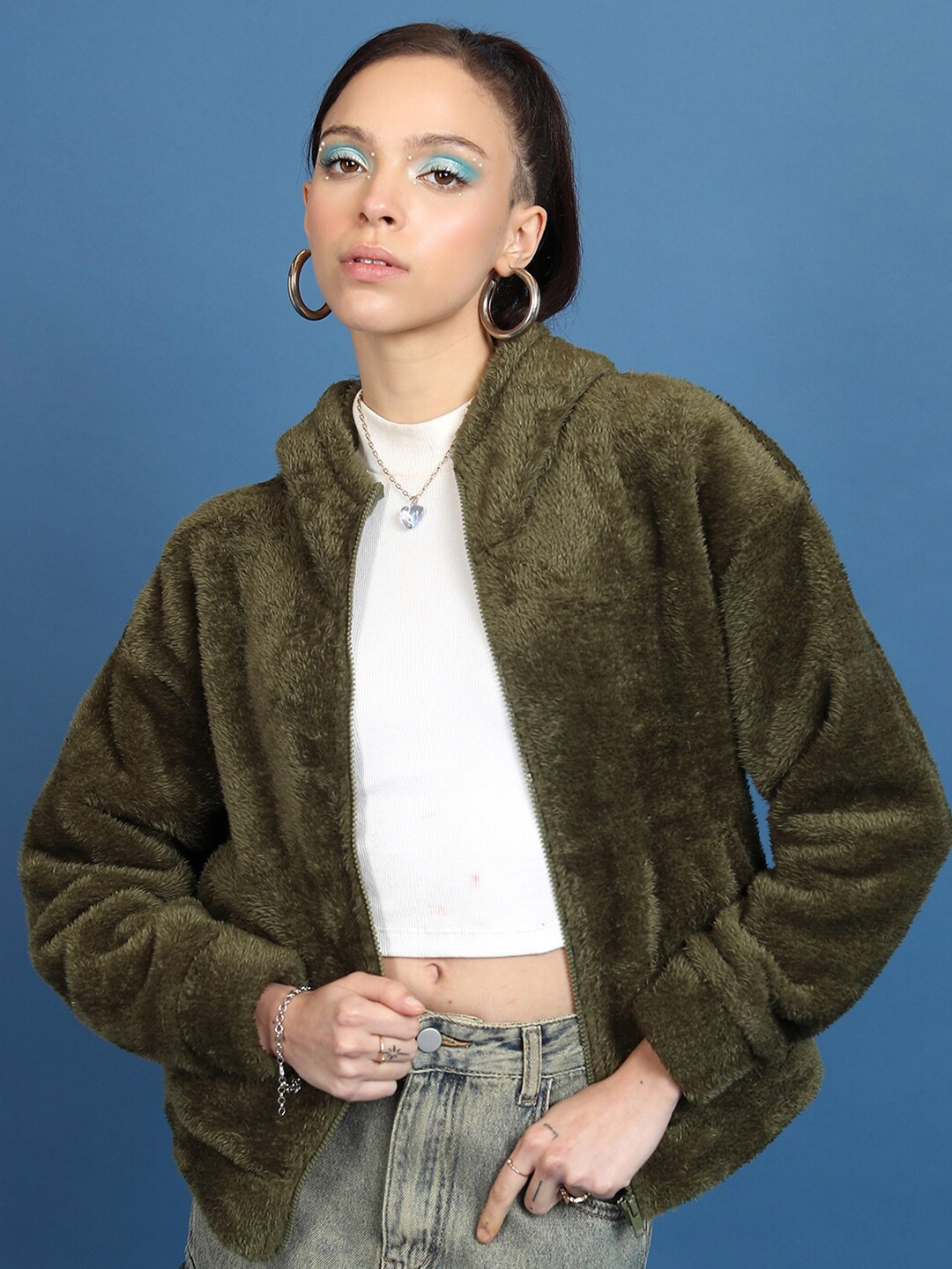 

Tokyo Talkies Green Hooded Front Open Sweatshirt, Olive