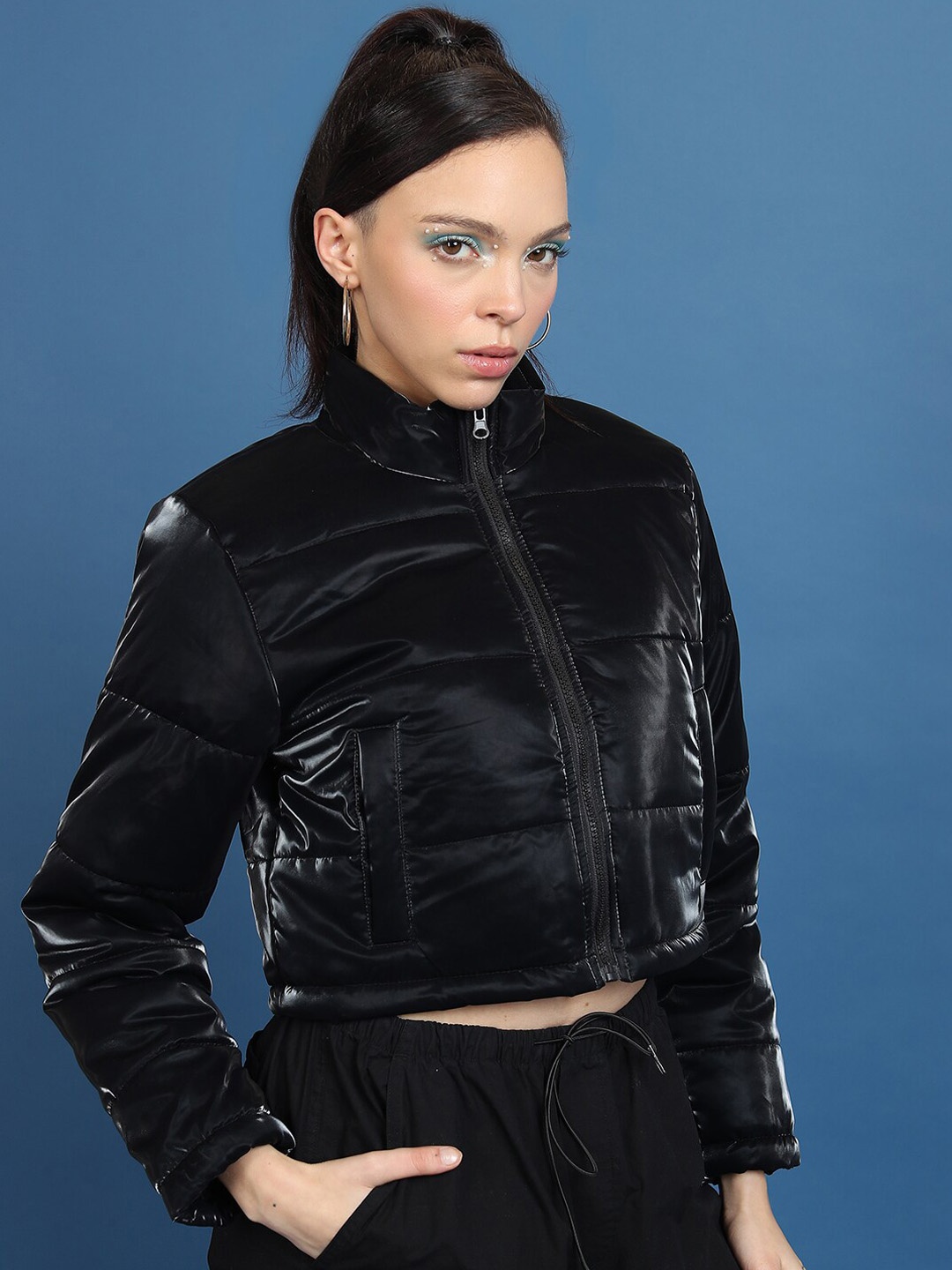 

Tokyo Talkies Black Mock Collar Crop Puffer Jacket