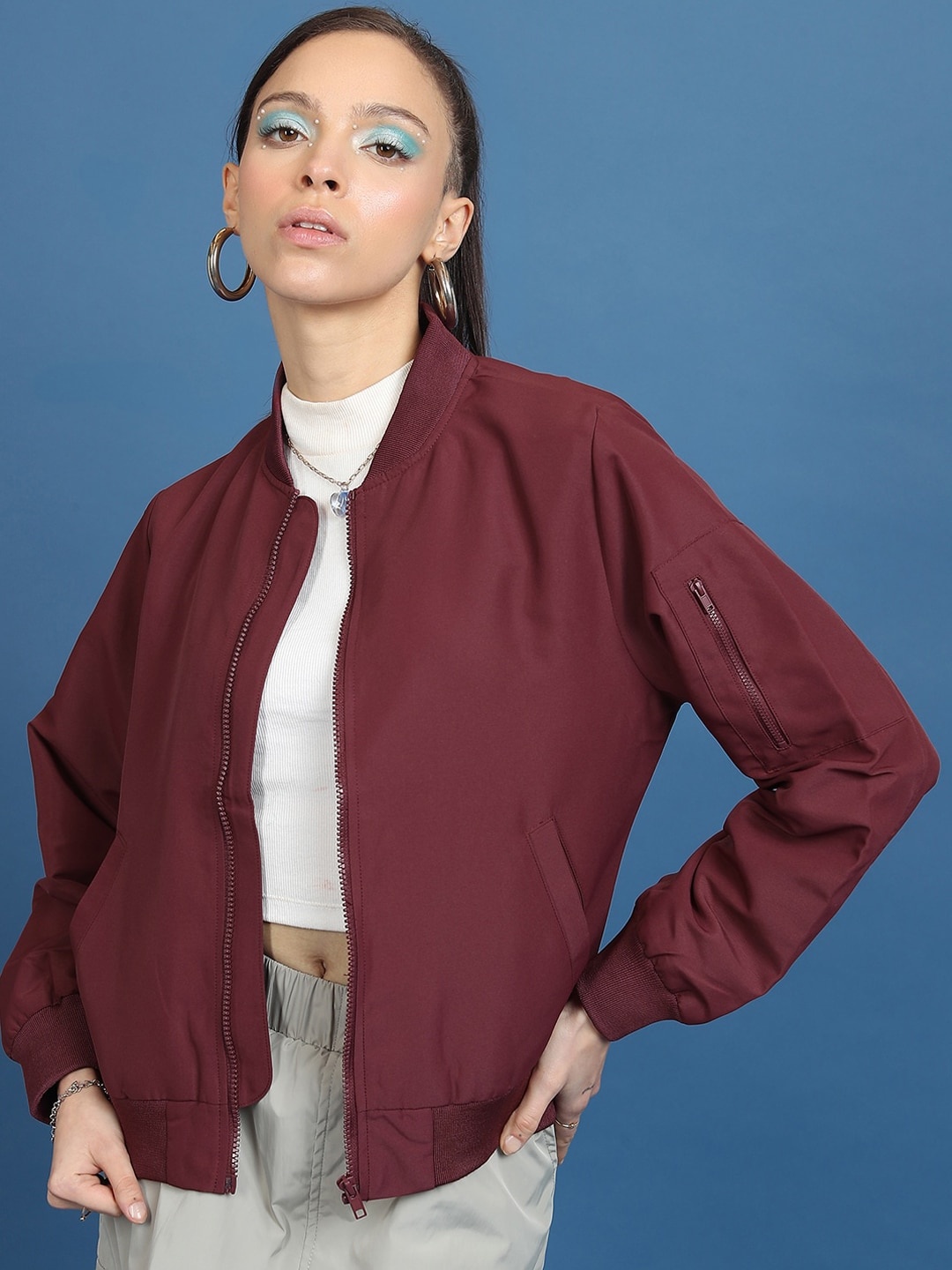 

Tokyo Talkies Red Stand Collar Bomber Jacket With Zip Detail