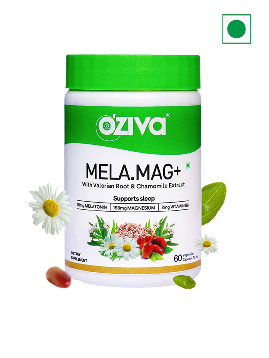 

OZiva Mela.Mag+ Capsules With Valerian Root & Chamomile Extract - 60 Capsules, Green