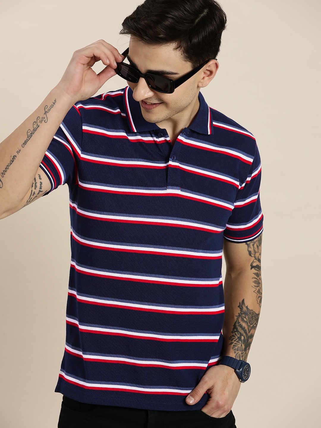 

HERE&NOW Men Striped Polo Collar T-shirt, Navy blue