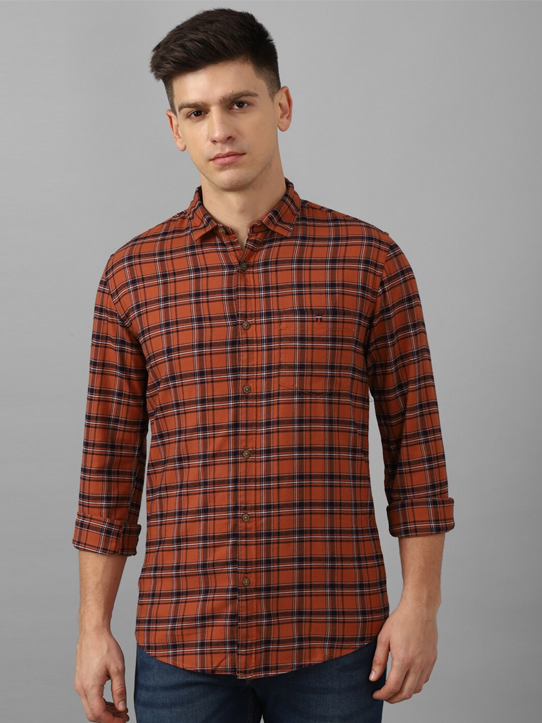 

Louis Philippe Jeans Spread Collar Slim Fit Opaque Tartan Cotton Opaque Casual Shirt, Orange