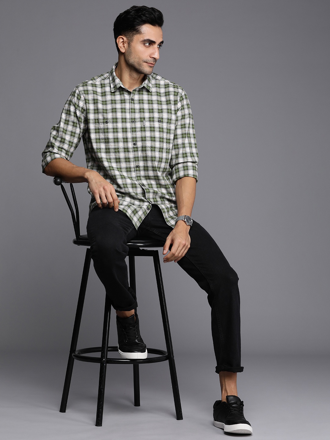 

Louis Philippe Jeans Slim Fit Checked Pure Cotton Casual Shirt, Olive