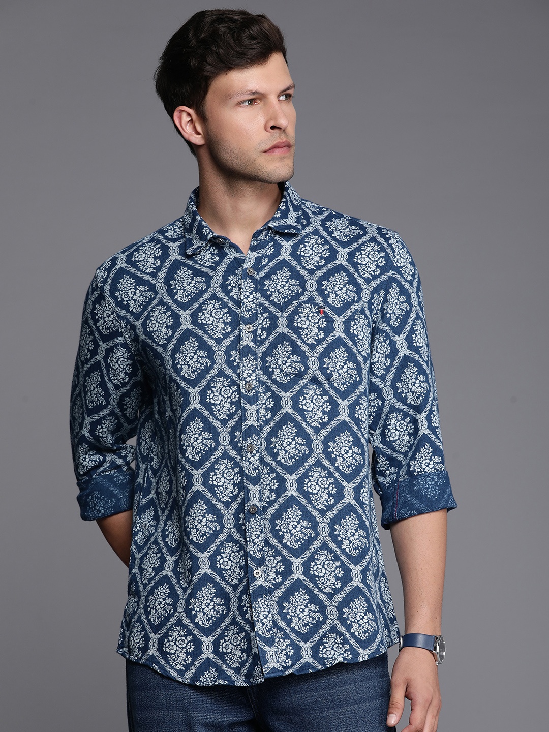 

Louis Philippe Jeans Slim Fit Printed Pure Cotton Casual Shirt, Navy blue