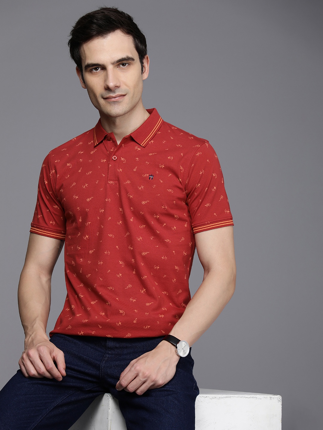 

Louis Philippe Jeans Floral Printed Polo Collar Pure Cotton Slim Fit T-shirt, Red