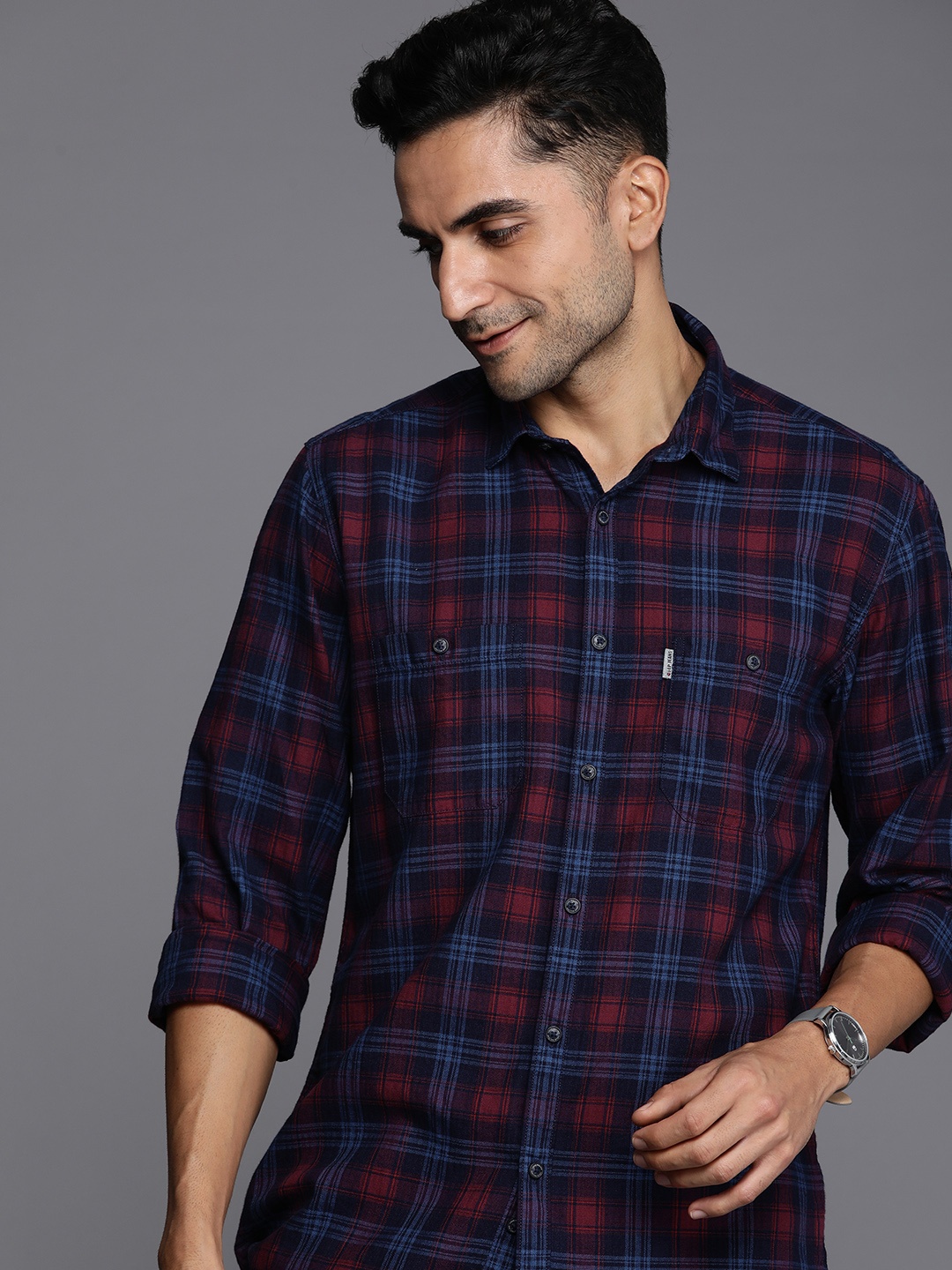 

Louis Philippe Jeans Slim Fit Checked Pure Cotton Casual Shirt, Navy blue