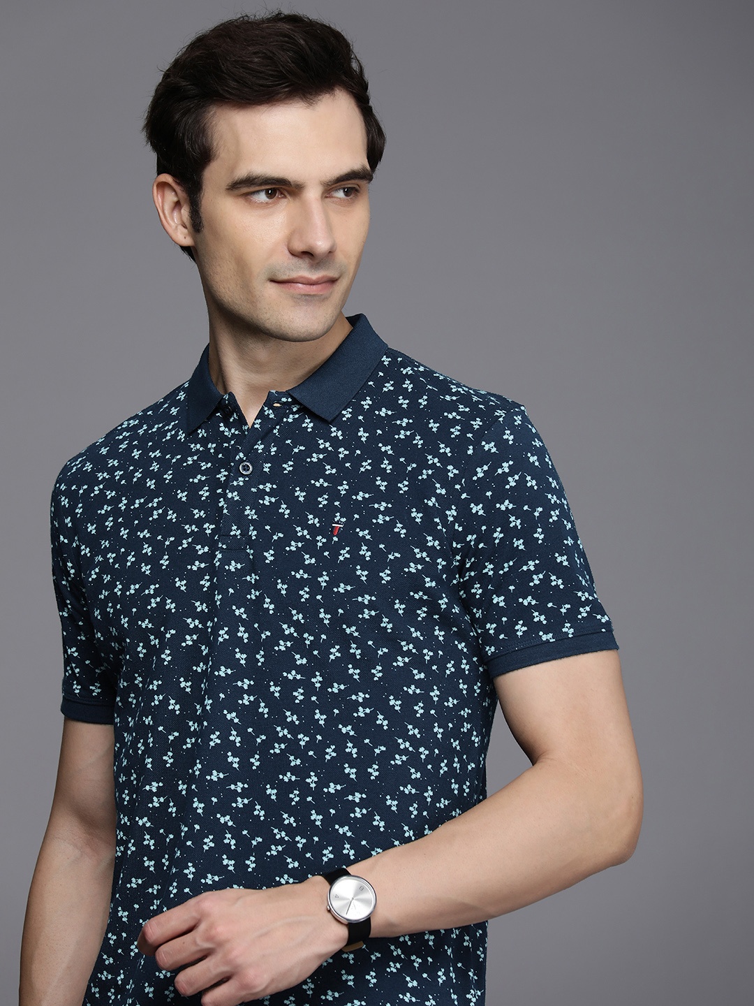 

Louis Philippe Jeans Floral Printed Polo Collar Pure Cotton Slim Fit T-shirt, Blue