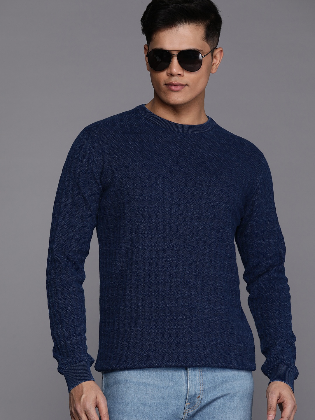 

Louis Philippe Jeans Self Design Pure Cotton Pullover, Navy blue