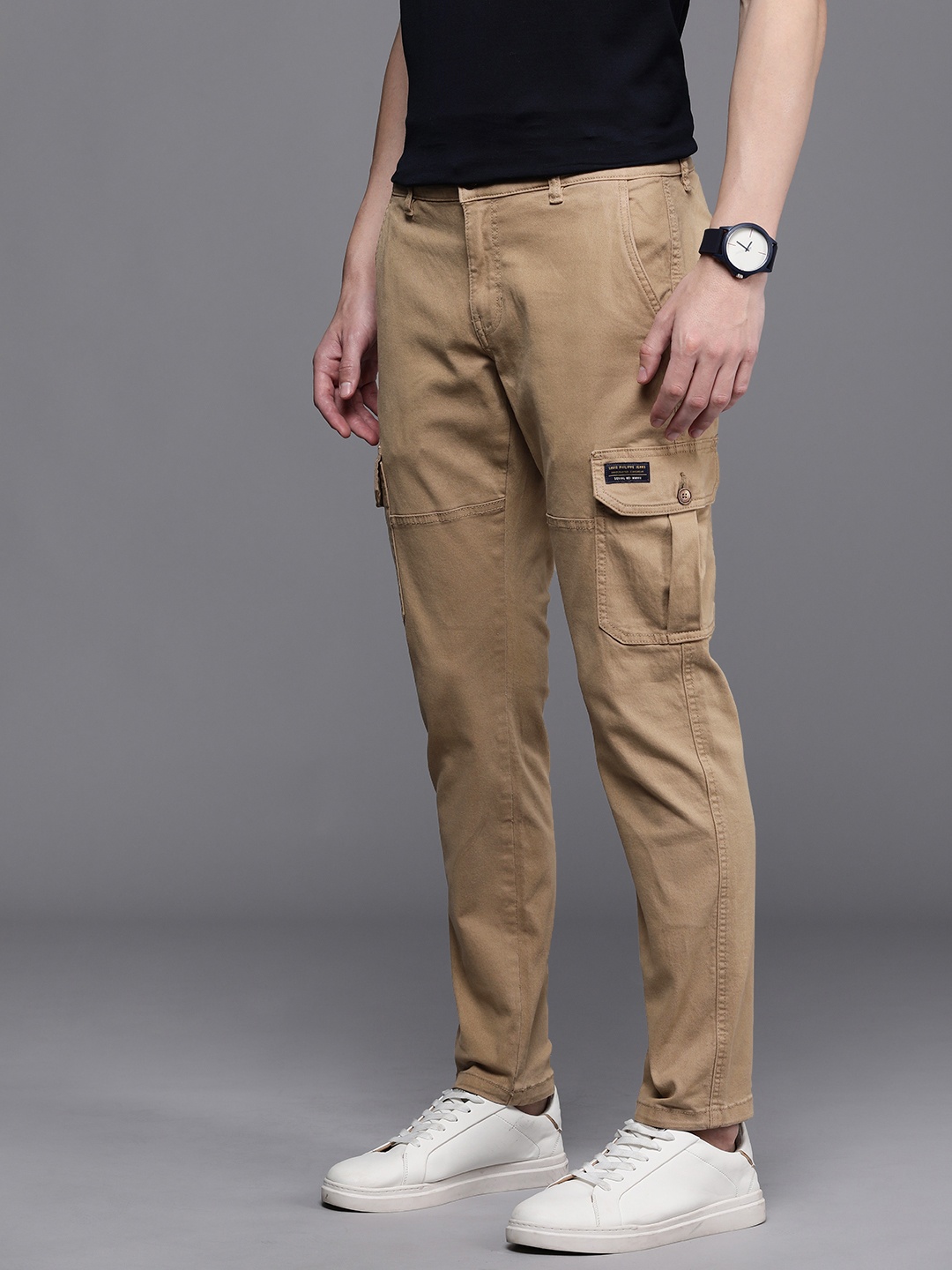 

Louis Philippe Jeans Men Comfort Tapered Fit Low-Rise Cargos Trousers, Khaki