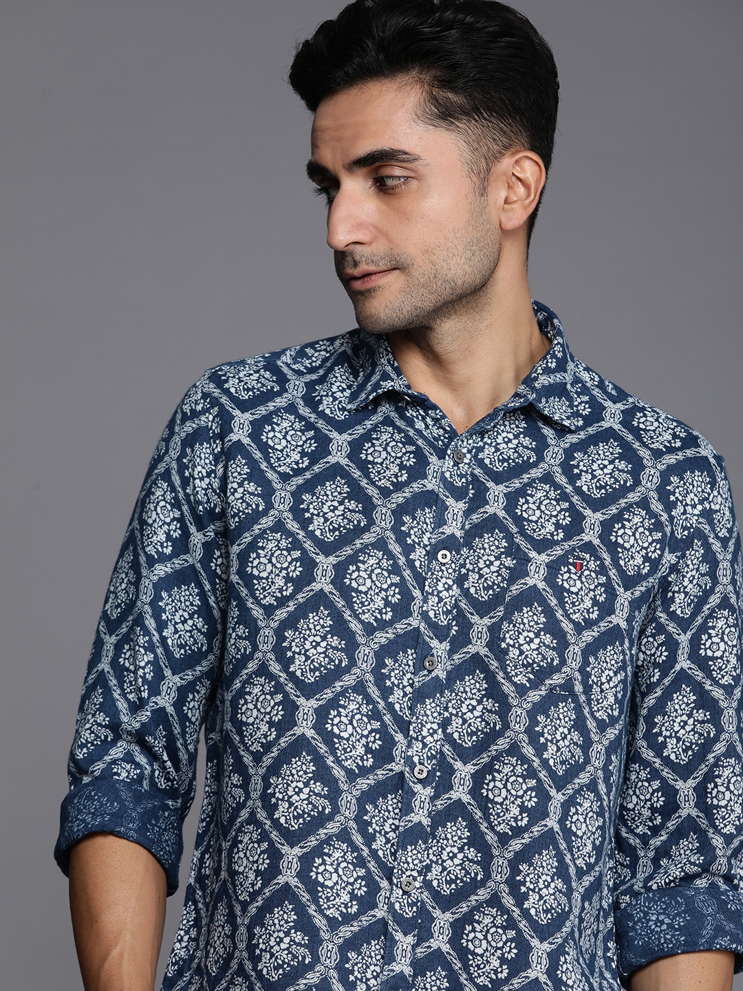 

Louis Philippe Jeans Slim Fit Printed Pure Cotton Casual Shirt, Navy blue