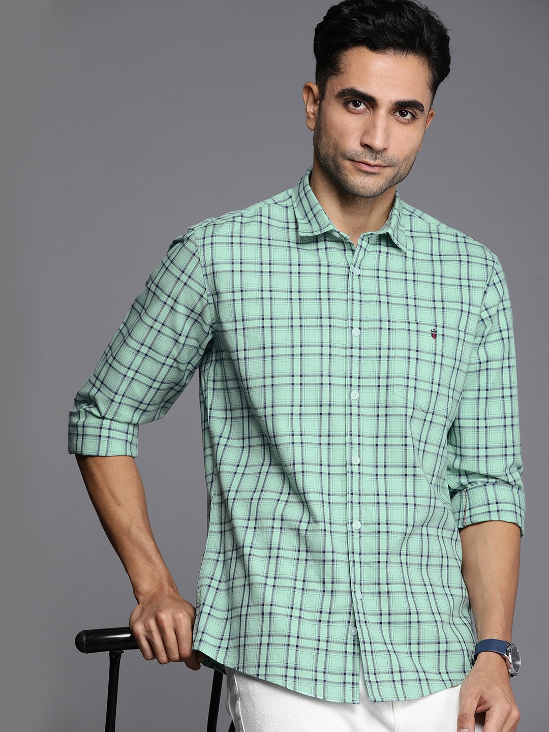 

Louis Philippe Jeans Slim Fit Checked Pure Cotton Casual Shirt, Green