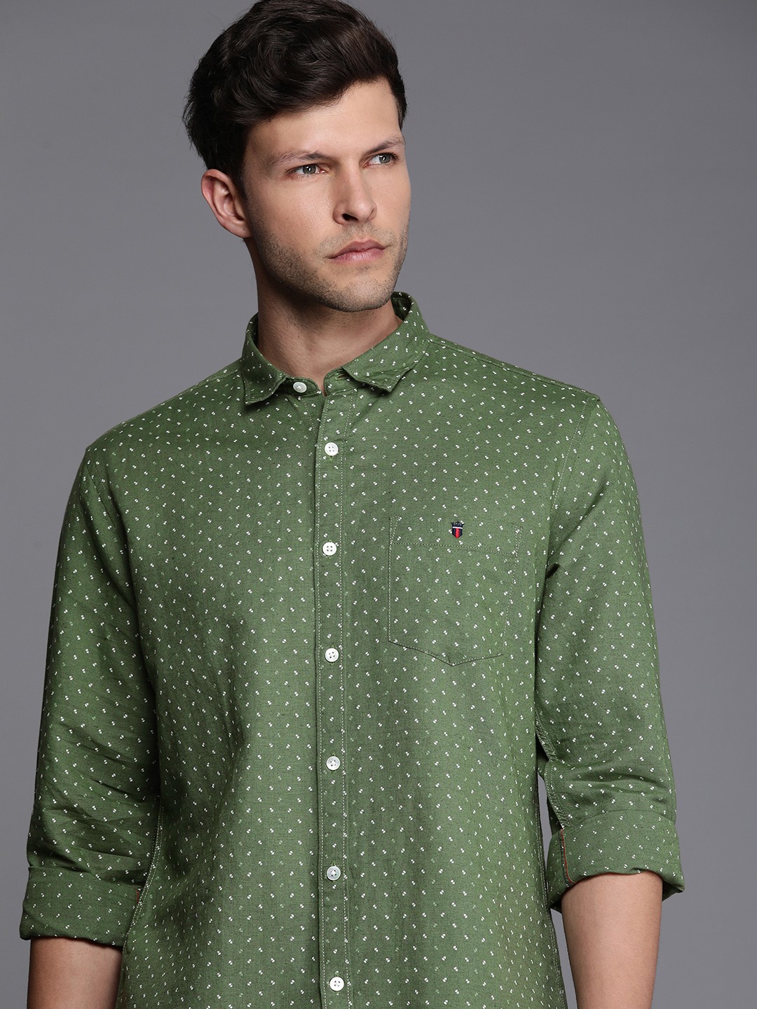 

Louis Philippe Jeans Slim Fit Geometric Printed Cotton Line Casual Shirt, Olive