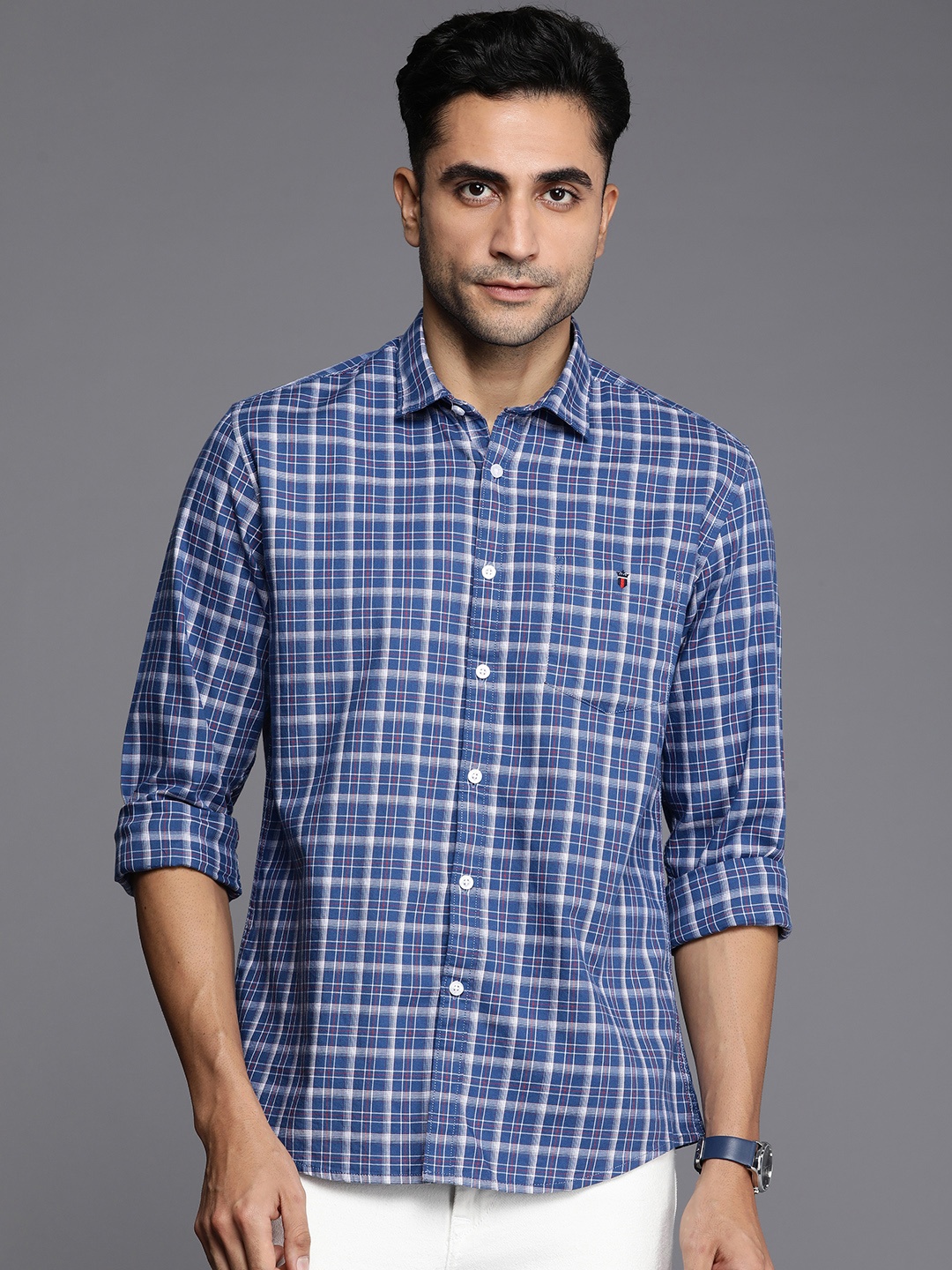

Louis Philippe Jeans Slim Fit Checked Pure Cotton Casual Shirt, Blue