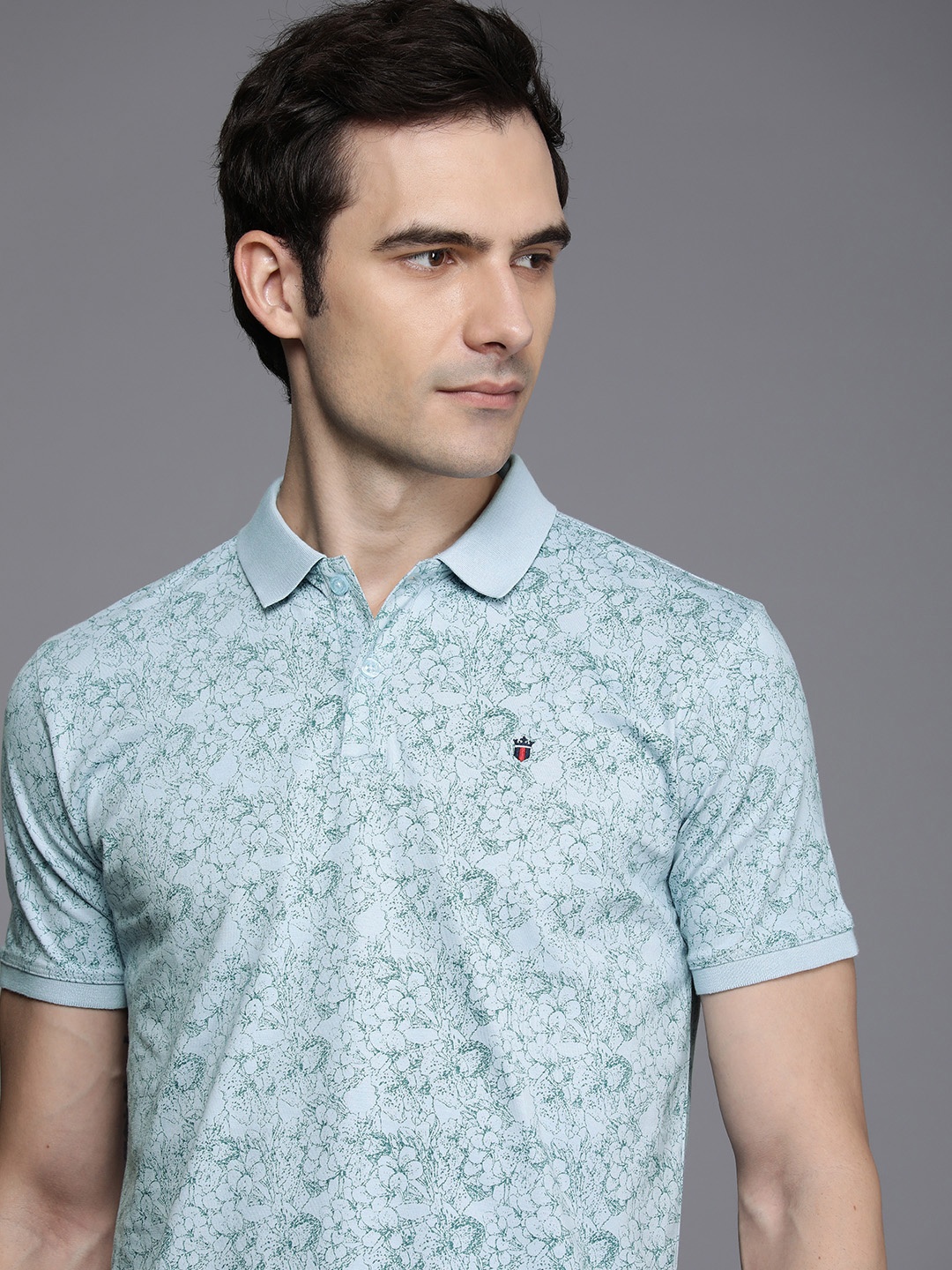 

Louis Philippe Jeans Floral Printed Polo Collar Pure Cotton Slim Fit T-shirt, Blue